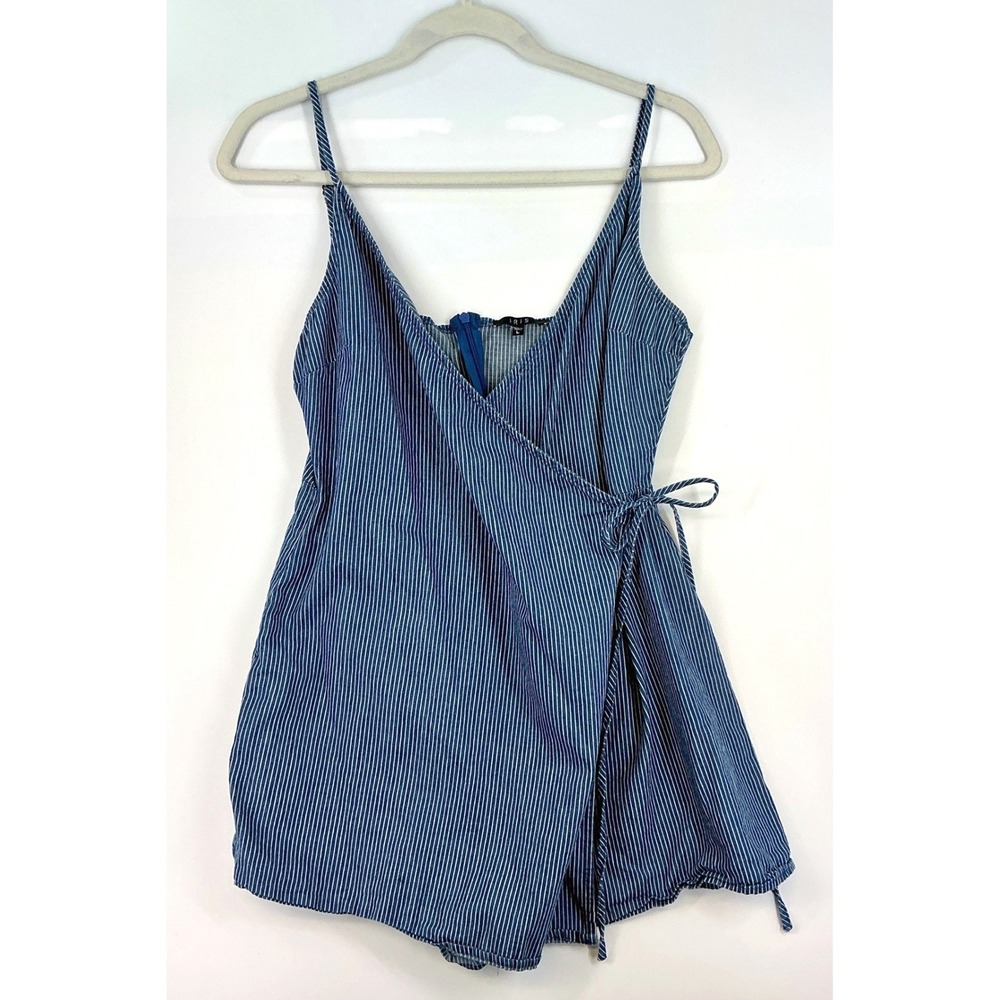 Iris Blue White Pinstripe Wrap Tie‎ Romper Size L Coastal Nautical Vacation
